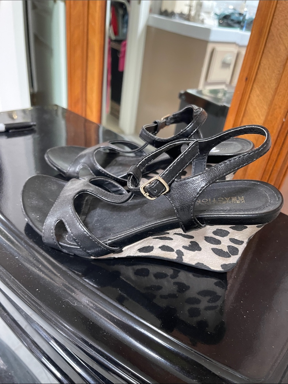 Black Slingback Wedge Sandals with Leopard-Print Wedge
